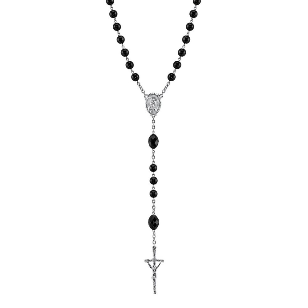 Kohls Rosary Papal Crucifix Faux Black Gemstones Necklace 39"